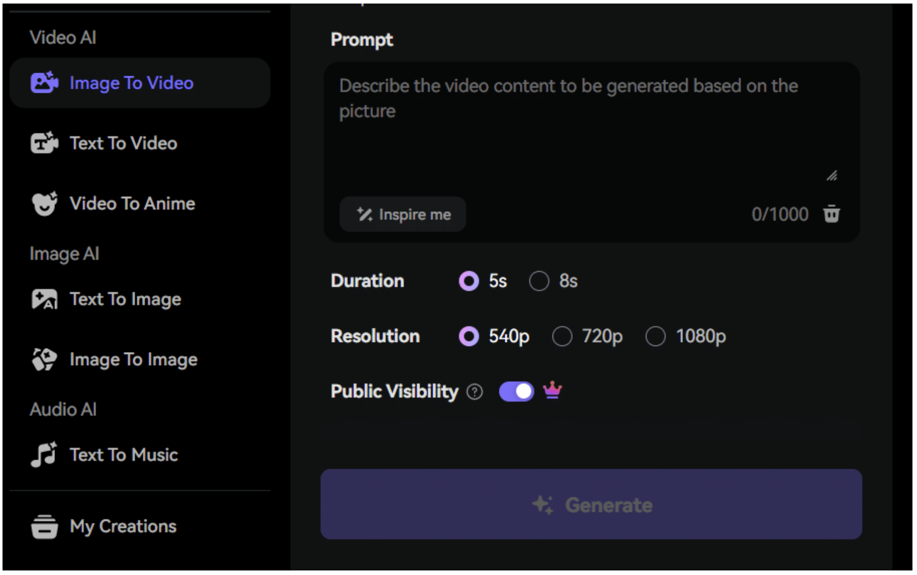 A user interface for animated video creation from an image, allowing you to enter a prompt, set duration (5s or 8s), choose resolution (540p, 720p, 1080p), and toggle public visibility before generating.
